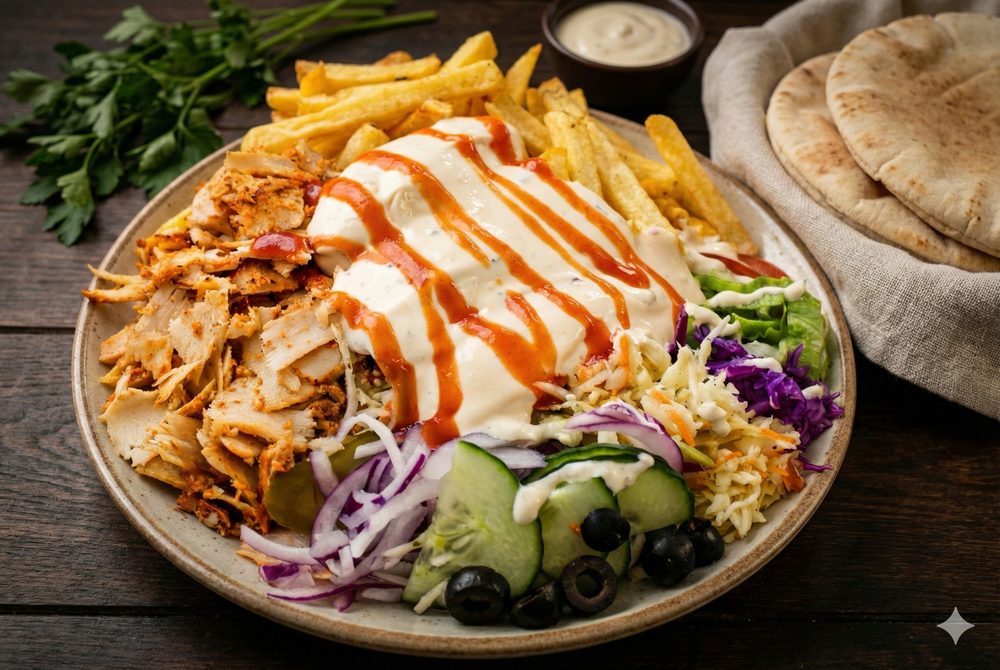 Ana's Kebab loaded plate with fries and sauces